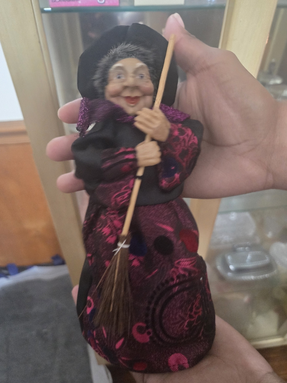 Whimsical Witch Figurine in Black and Magenta - Holiday Home Decor